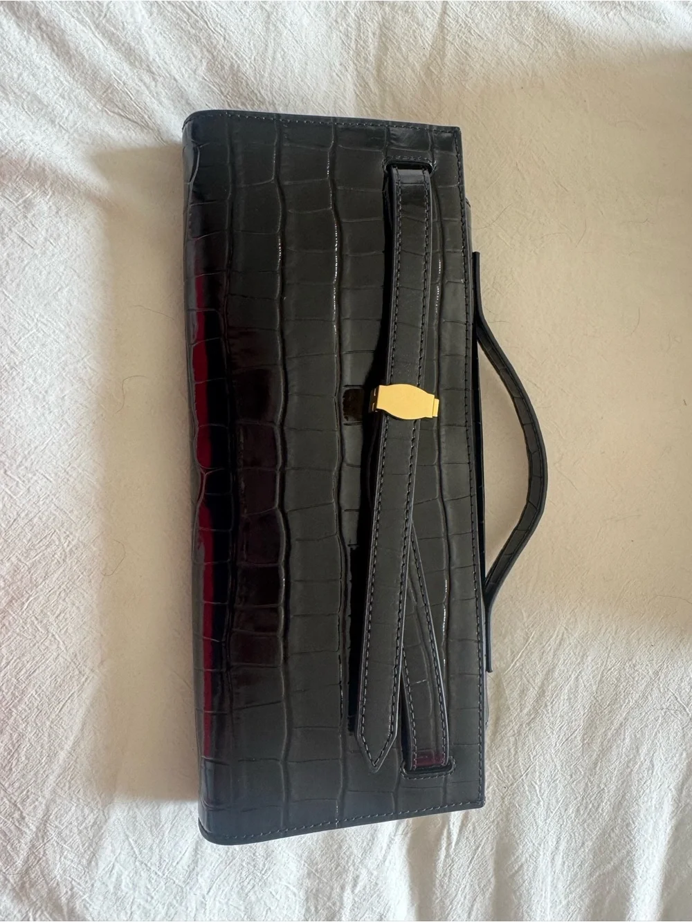 Veronica M Black Croc-Embossed Patent Leather Clutch with Gold Hardware